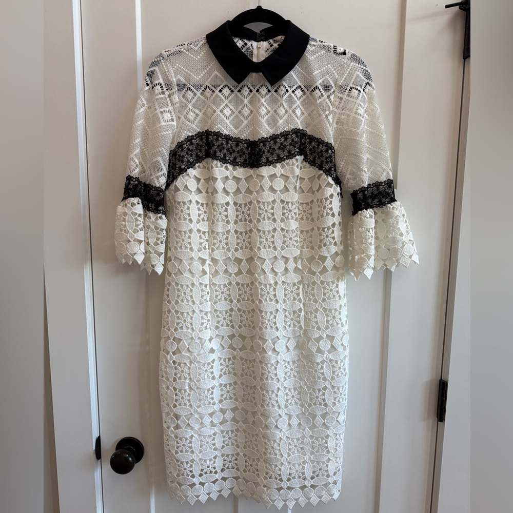 Nanette Lepore White Black Crochet Peter Pan Collar Bell Sleeve Dress Size 2 A19